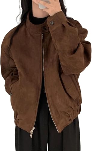 Damen Wildlederimitat Retro Fashion Lockere Biker Jacke Y2k Frühling Und Herbst Business Casual Reißverschluss Outdoor Leichte Jacke (Braun,M) von Hecatombic