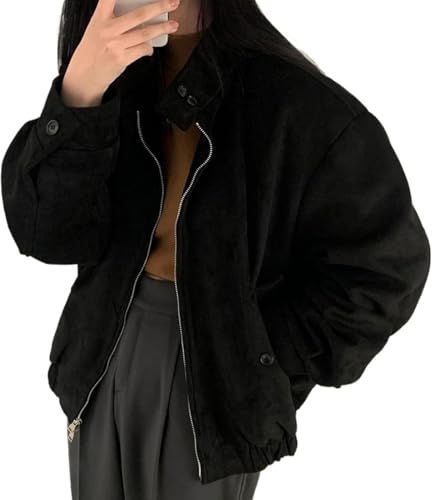 Damen Wildlederimitat Retro Fashion Lockere Biker Jacke Y2k Frühling Und Herbst Business Casual Reißverschluss Outdoor Leichte Jacke (Schwarz,L) von Hecatombic