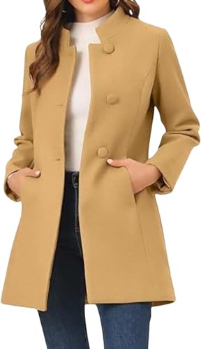 Damen Winter Mittellang Einreihig Stand Kragen Mantel Herbst Slim Fit Mode Tweed Mantel Casual Business Mit Taschen Langarm Trenchcoat (Khaki,S) von Hecatombic