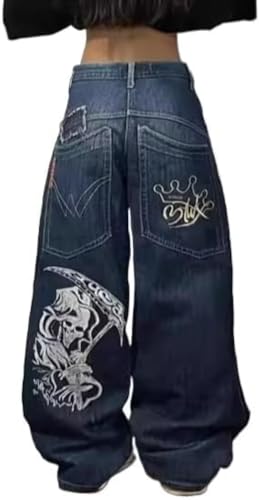 Damenmode Hip Hop Jeans Hohe Taille Weite Beinjeans Bedruckte Gothic Lockere Jeans Vintage Hohe Taille Bestickte Denim Weite Beinjeans (blau,L) von Hecatombic