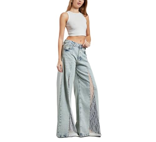 Damenmode Retro Spitzen Spleißen Vielseitige Weite Jeans Elegante Schicke Leichte Lockere Lässige Jeans Mit Hoher Taille Und Geradem Bein (Hellblau,L) von Hecatombic