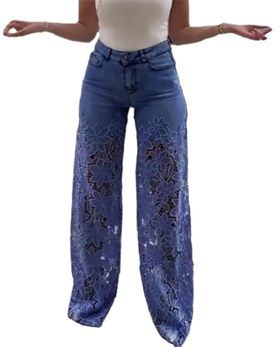 Elegante Lässige Retro Jeans Für Damen Mit Lockerer Spitze Und Skelett Design Modische Hoch Taillierte Gerade Geschnittene Jeans Im Hip-Hop Stil Punk Und Gothic Stil Für Partys (Blau,M) von Hecatombic