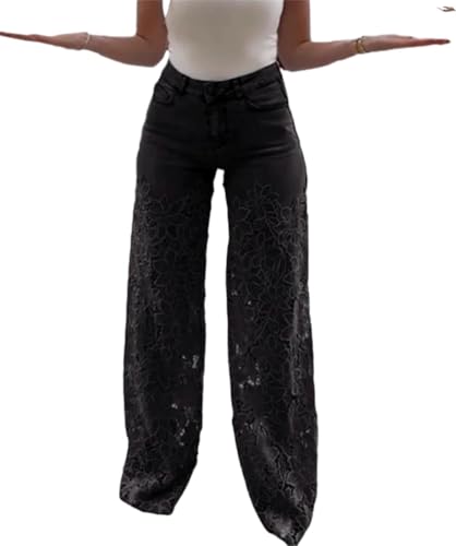 Elegante Lässige Retro Jeans Für Damen Mit Lockerer Spitze Und Skelett Design Modische Hoch Taillierte Gerade Geschnittene Jeans Im Hip-Hop Stil Punk Und Gothic Stil Für Partys (Schwarz,M) von Hecatombic