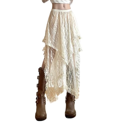 Frauen Frühling Und Sommer Lässig Urlaub Niedrige Taille Spitze Unregelmäßige Halbe Rock Mode Süß Licht Verspielt Fee Langen Rock (A,M) von Hecatombic
