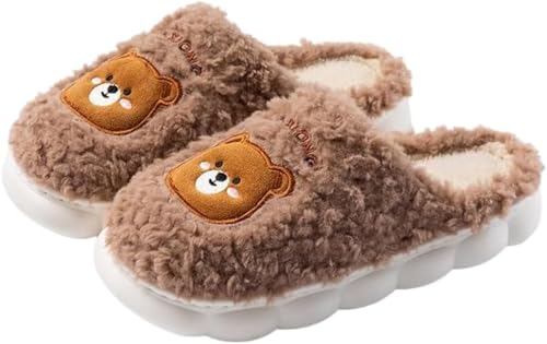 Frauen Niedlich Bär Muster Dicken Plüsch Weich Und Bequem Hausschuhe Warm Herbst Und Winter Schlafzimmer Freizeit Rutschfest Indoor Hausschuhe (Braun,44-45) von Hecatombic
