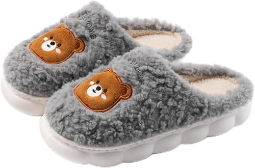 Frauen Niedlich Bär Muster Dicken Plüsch Weich Und Bequem Hausschuhe Warm Herbst Und Winter Schlafzimmer Freizeit Rutschfest Indoor Hausschuhe (Grau,40-41) von Hecatombic