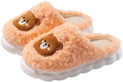 Frauen Niedlich Bär Muster Dicken Plüsch Weich Und Bequem Hausschuhe Warm Herbst Und Winter Schlafzimmer Freizeit Rutschfest Indoor Hausschuhe (Orange,36-37) von Hecatombic