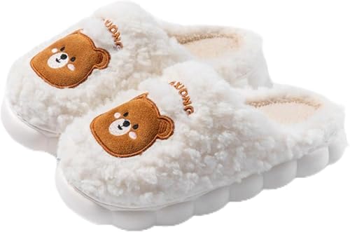 Frauen Niedlich Bär Muster Dicken Plüsch Weich Und Bequem Hausschuhe Warm Herbst Und Winter Schlafzimmer Freizeit Rutschfest Indoor Hausschuhe (Weiß,38-39) von Hecatombic