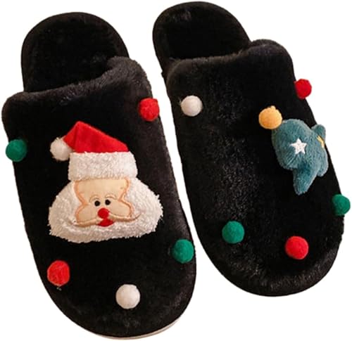 Frauen Weihnachten Urlaub Indoor Schlafzimmer Niedlich Plüsch Warme Hausschuhe Herbst Und Winter Weich Und Bequem Rutschfeste Hausschuhe (Schwarz,40-41) von Hecatombic