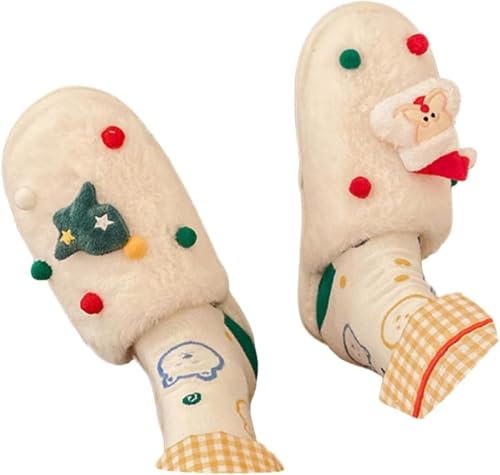 Frauen Weihnachten Urlaub Indoor Schlafzimmer Niedlich Plüsch Warme Hausschuhe Herbst Und Winter Weich Und Bequem Rutschfeste Hausschuhe (Weiß,38-39) von Hecatombic