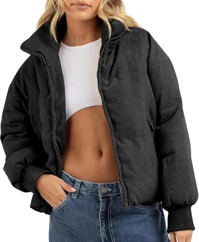 Hecatombic Damen Cord Winter Daunen Puffer Jacken Langarm Stand Kragen Zip Up Warm gepolstert gesteppten Mantel mit Taschen (Schwarz,S) von Hecatombic