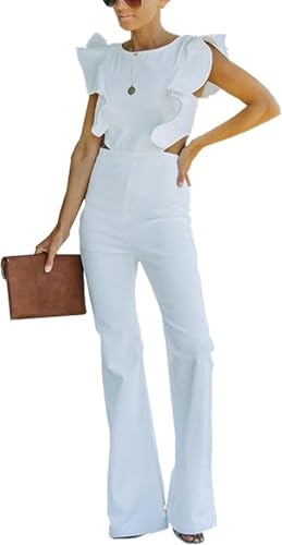 Hecatombic Damen Denim Flare Jumpsuit Rundhalsausschnitt Rüschen Rückenfrei Gerade Hohe Taille Jumpsuit Elegant Lässig Mode Einfarbig Hosen (Weiß,M) von Hecatombic