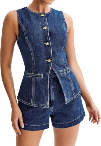 Hecatombic Damen Denim Weste Lange Jacke Tops Jean ärmellose Weste Rundhalsausschnitt mit Taschen (Blau,XL) von Hecatombic
