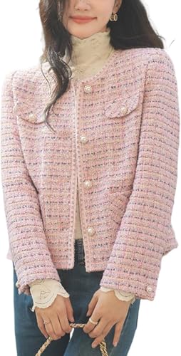 Damen Einfarbig Rundkragen Tweed Jacke Langarm Einreihig Elegant Revers Büro Casual Blazer Herbst Mode Freizeitjacke (Rosa,S) von Hecatombic