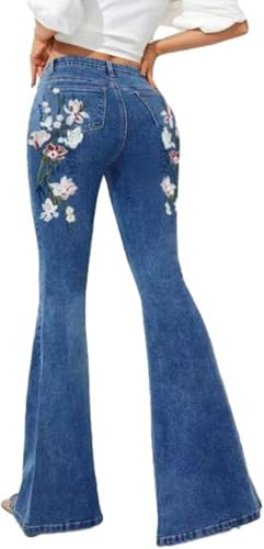Hecatombic Damen Floral Stickerei Flared Denim Hosen Mode Klassisch Hohe Taille Reißverschluss Jeans Elegant Elastisch Slim Fit Jeans (Blau,L) von Hecatombic