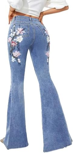 Hecatombic Damen Floral Stickerei Flared Denim Hosen Mode Klassisch Hohe Taille Reißverschluss Jeans Elegant Elastisch Slim Fit Jeans (Hellblau,M) von Hecatombic