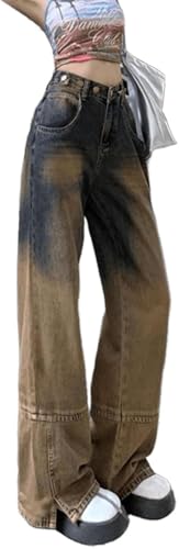 Hecatombic Damen Gelb und Blau Absolventen Retro Mode gerade Jeans Frauen lose lässige Outdoor Sports Party Street Dance Weitbein Jeans (Gelb,XXL) von Hecatombic
