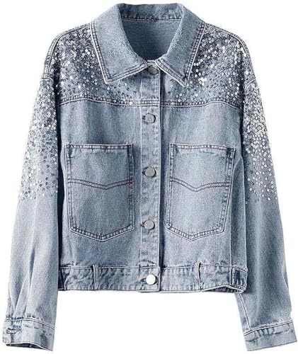 Hecatombic Damen Jeansjacke mit Pailletten sportliche Freizeitjacke geknöpftes Revers mit Taschen Klapp-Jeansjacke Lange Ärmel lockere und schmale Jeansjacke (Blau,S) von Hecatombic