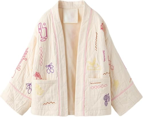 Hecatombic Damen Kurze Blumendruck Langarm Strickjacke Steppjacke Bestickte Blumen Strickjacke V-Ausschnitt Langarm Lose Leichte Strickjacke (Aprikose,M) von Hecatombic