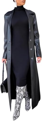 Hecatombic Damen Lange Motorrad PU Jacke Revers Knopf Langarm Pu Mantel Mode Straße Vielseitig Knielang Offene Front Trenchcoat (Schwarz,XL) von Hecatombic