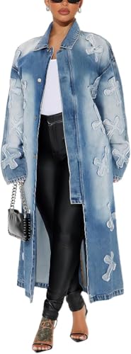 Hecatombic Damen Langes Kreuz Stickerei Muster Denim Trenchcoat Y2K Mode Knielang Knopf Revers Langarm Denim Street Retro Jeans Jacke Mit Gürtel (Blau,XXL) von Hecatombic