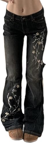 Hecatombic Damen Mode Retro Klassiker Slim Fit Jeans Mit Blumenmuster Und Hoher Taille Y2k Lässige Elastische Ästhetische Street Trend Schlagjeans (Schwarz,L) von Hecatombic