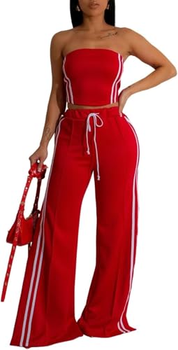 Hecatombic Damen Sommer Sexy Trägerloses Bustier Top Und Freizeithose 2 Teilig Modetrend Locker Hip Hop Punk Outdoor Sport Party Hosen Set (Rot,M) von Hecatombic