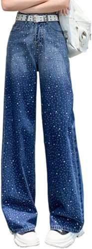Hecatombic Damen Strass Jeans mit hoher Taille Jeans mit hoher Taille mit geradem Breiten Bein Jeans Strass Jeans mit geradem Breiten Bein glänzende Jeans Hose (Blau,XXL) von Hecatombic