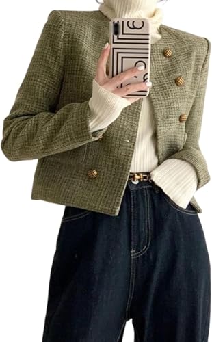 Hecatombic Damen Vintage Elegante Tweed Kurze Oberteile Vintage Kleine Aromatische Tweed Jacke Langarm Zweireiher Kurze Jacke Mantel (Grün,M) von Hecatombic