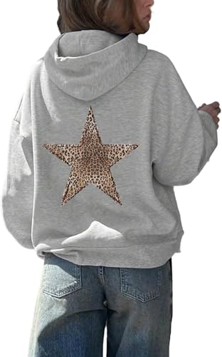 Hecatombic Damen Winter Hoodie Leopard Stern Muster Bedruckt Übergroßes Kapuzensweatshirt Langarm mit Taschen Stern Bedrucktes Sweatshirt (Grau,M) von Hecatombic