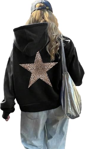 Hecatombic Damen Winter Hoodie Leopard Stern Muster Bedruckt Übergroßes Kapuzensweatshirt Langarm mit Taschen Stern Bedrucktes Sweatshirt (Schwarz,3XL) von Hecatombic
