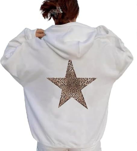 Hecatombic Damen Winter Hoodie Leopard Stern Muster Bedruckt Übergroßes Kapuzensweatshirt Langarm mit Taschen Stern Bedrucktes Sweatshirt (Weiß,M) von Hecatombic
