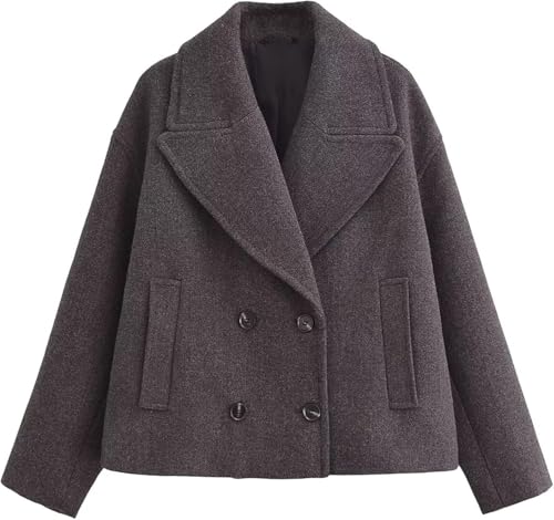 Damen Winter Kurzmantel Elegant Langarm Revers Zweireiher Mantel Herbst Mode Warm Lose Blazer Kragen Mit Tasche Tweed Jacke (Grau,S) von Hecatombic
