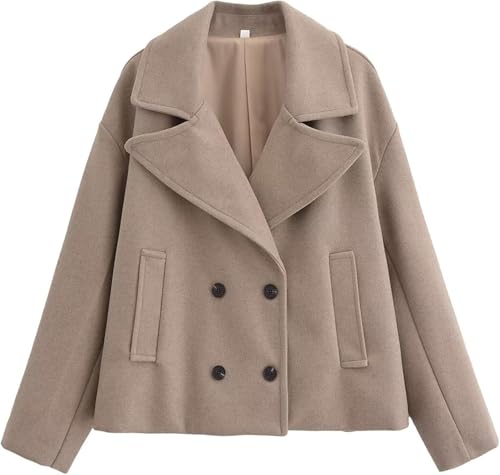Damen Winter Kurzmantel Elegant Langarm Revers Zweireiher Mantel Herbst Mode Warm Lose Blazer Kragen Mit Tasche Tweed Jacke (Khaki,S) von Hecatombic