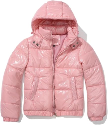 Hecatombic Damen Winter Reißverschluss Langarm Glänzend Daunenjacke mit Kapuze Locker Kurz mit Taschen Daunenjacke Mit Kapuze Warm Gepolsterte Winterjacke (Rosa,S) von Hecatombic