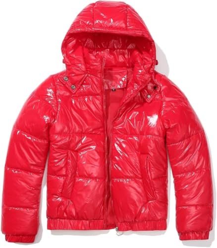 Hecatombic Damen Winter Reißverschluss Langarm Glänzend Daunenjacke mit Kapuze Locker Kurz mit Taschen Daunenjacke Mit Kapuze Warm Gepolsterte Winterjacke (Rot,XL) von Hecatombic