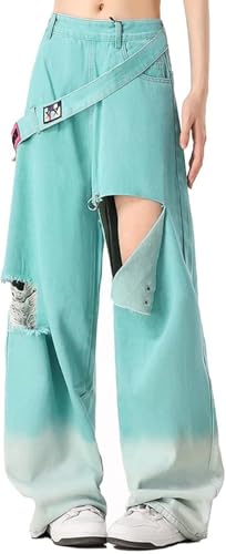 Hecatombic Damenjeans Mit Farbverlauf Hoher Taille Geradem Schnitt Weitem Bein Und Seitlichem Reißverschluss Mode Locker Lässig Retro Trend Gothic Jeans (Grün,L) von Hecatombic