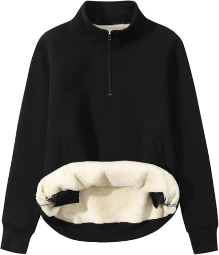 Hecatombic Herren-Winterpullover mit Sherpa-Futter warm mit Viertelreißverschluss Lange Ärmel einfarbig mit Taschen Sweatshirt mit Sherpa-Futter warm Sweatshirt (Schwarz,4XL) von Hecatombic