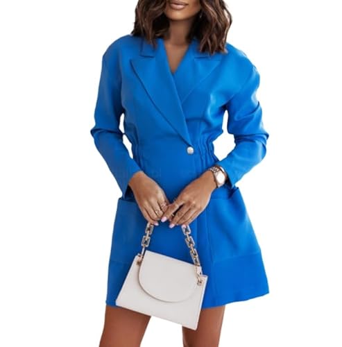 Hecatombic Klassisches Elegantes Blazerkleid Für Damen Im Retro Stil Mit Einfarbigem Revers Und Elastischer Taille Modisches Trendiges Business Und Freizeit Blazerkleid Fürs Büro (Blau,M) von Hecatombic