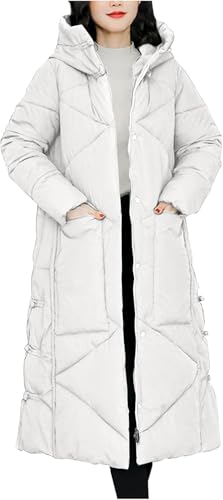 Hecatombic Lässige einfarbige Lange Pufferjacke für Damen Lockere Daunenjacke in Übergröße mit Kapuze Warmer wattierter Steppmantel Verdickte warme Windjacke mit Manschettenknöpfen (Weiß,XXL) von Hecatombic