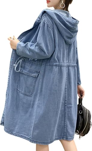 Hecatombic Mittellange Jeansjacke Für Damen In Übergröße Lässig Lockerer Jeansmantel Mit Kordelzug Lange Ärmel Leicht Mit Tasche Offener Vorderseite Trenchcoat (Blau,4XL) von Hecatombic