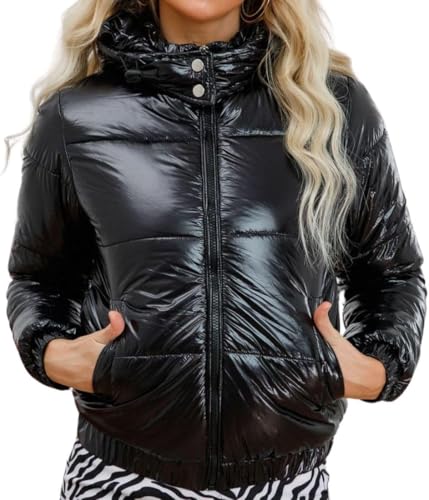 Hecatombic Women 's Winter Cropped Puffer Jacken Zip Up Langarm Glänzende Daunenmäntel mit Kapuze (Schwarz,S) von Hecatombic