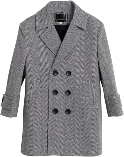 Kinder Herbst Und Winter Verdickter Warmer Zweireiher Tweed Mantel Jungen Mittellang Mit Taschen Blazer Kragen Klassischer Eleganter Trenchcoat (Grau,130) von Hecatombic
