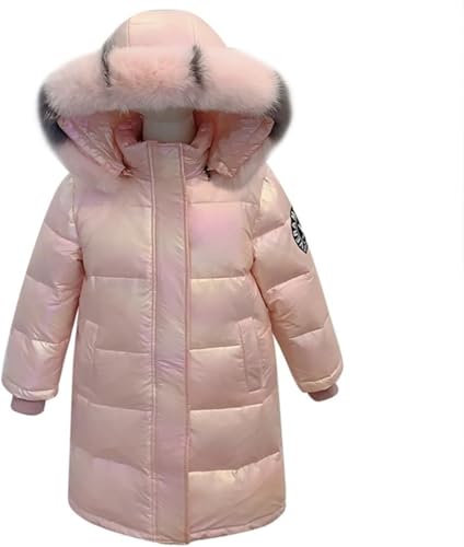 Kinder Herbst Winter Lange Gepolsterte Verdickte Warme Winddichte Jacke Jungen Mädchen Reißverschluss Mit Taschen Kunstpelz Kragen Glänzend Kapuzenmantel (Rosa,140) von Hecatombic