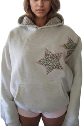 Lässiger Damen Hoodie Mit Leoparden Stern Patch Y2k Leichter Vielseitiger Ästhetischer Und Lockerer Punk Pullover Für Frühling Und Herbst (Grau,L) von Hecatombic