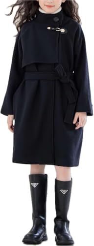 Mädchen Herbst Und Winter Elegantes Tweed Kleid Mantel Mittellang Einreihig Stand Kragen Lässig Outdoor Trend Mit Taschen Trenchcoat (Schwarz,140) von Hecatombic
