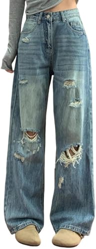 Retro Klassiker Für Damen Vielseitige Zerrissene Straight Jeans Y2K Mode Für Frühling Und Herbst Lockere Lässige High-Waist Punk Avantgarde Jeans (Blau,L) von Hecatombic