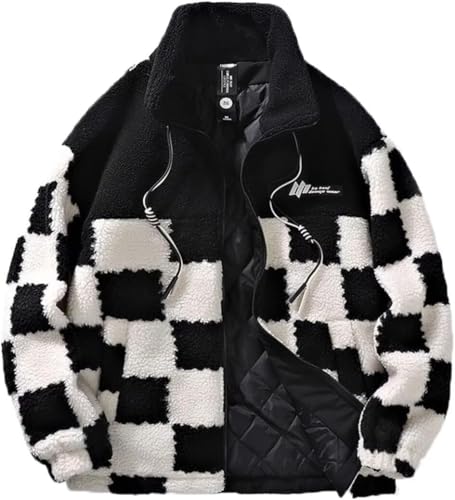 Unisex Winter Warm Plaid Plüsch Jacke Männer Frauen Windproof Drawstring Stand Kragen Reißverschluss Mit Taschen Herbst Bequem Vielseitig Mantel (Schwarz,M) von Hecatombic