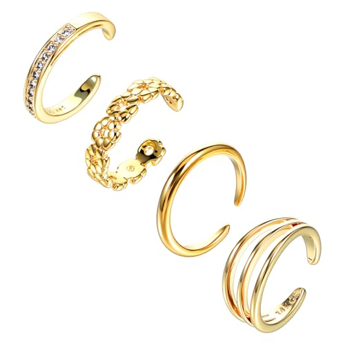 Heclia 4 pcs Gold Zehenringe für Damen, Verstellbarer Anlaufgeschützter Zehenring Mit Offenem Band, Modischer Minimalistischer Zehenring Für Den Sommer Und Den Strand, Zierlicher Offener Fußschmuck von Heclia