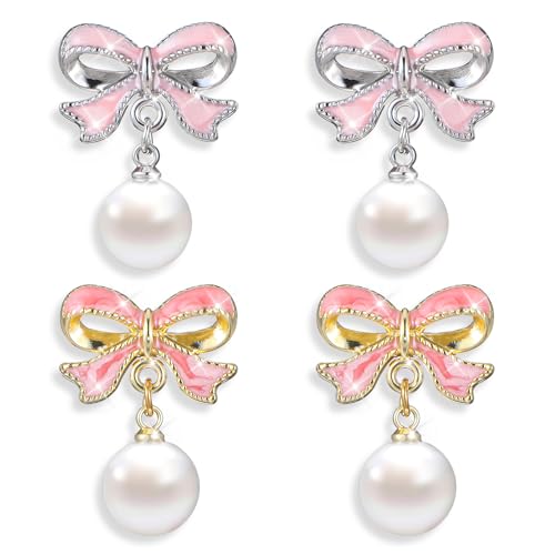 Heclia Bows Earrings Schleifen Ohrringe für Damen 2 Paar Schleifenohrringe Perlenschleifenohrringe Lange Quastenkette Rosafarbenes Ohrsteckerband Wasserfall baumelnder funkelnder Schleifenohrring von Heclia